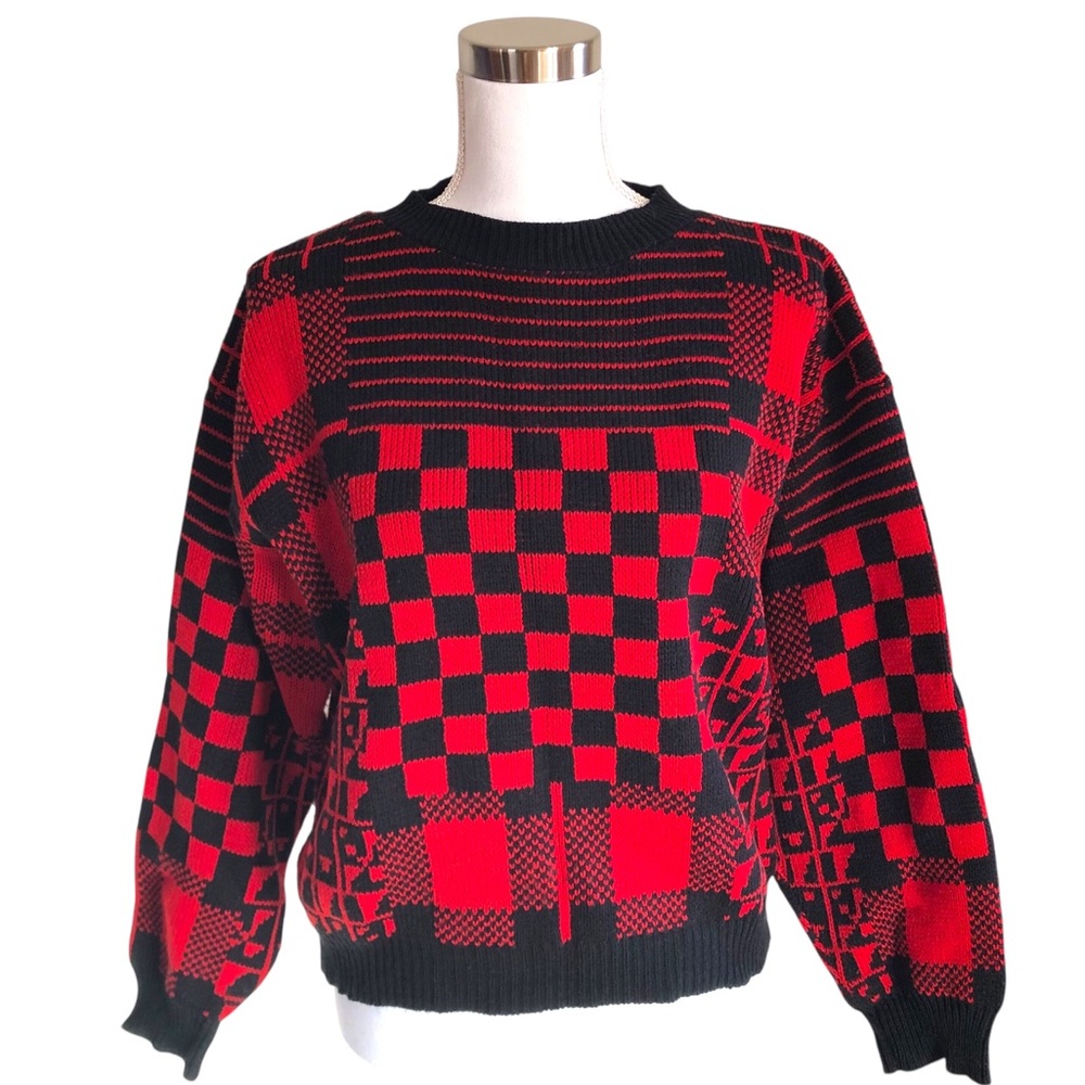 VINTAGE 80s GAS Great American Sweater Red Black Checkered Crewneck Sweater Med